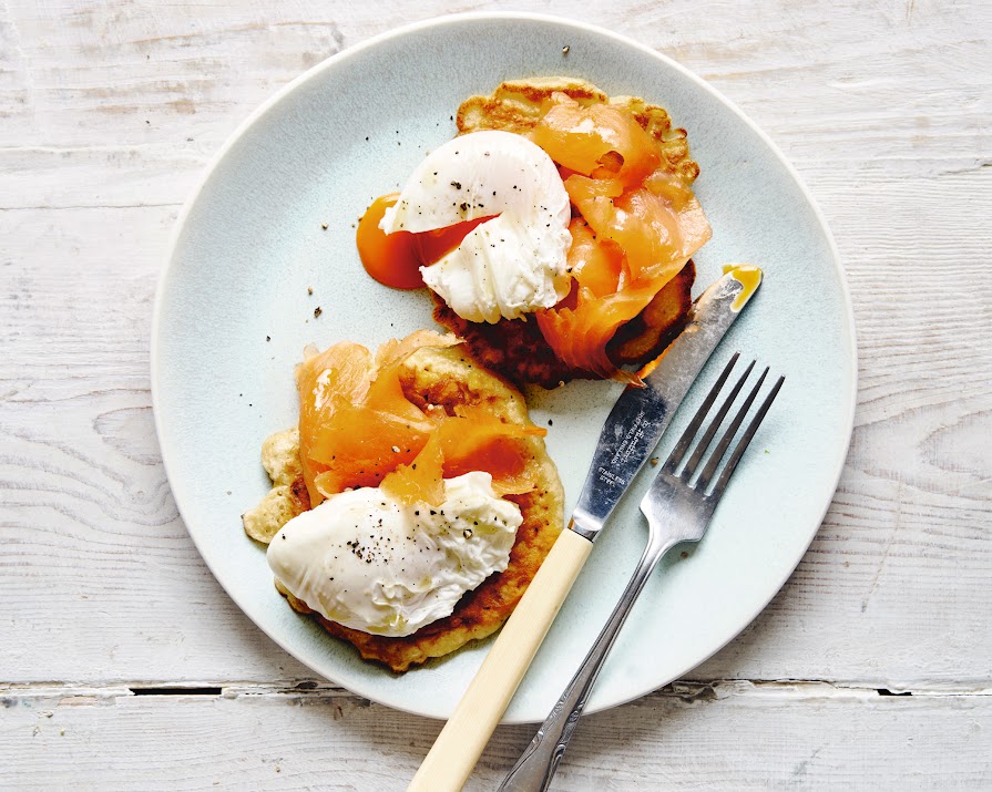 Simply delicious: corn fritters with lox and poached eggs