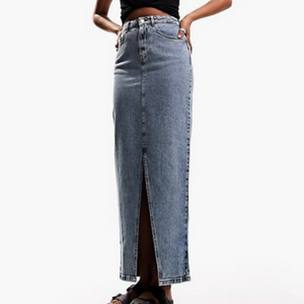 Denim Midi Skirt with Split Hem in Midwash, €43.99, ASOS