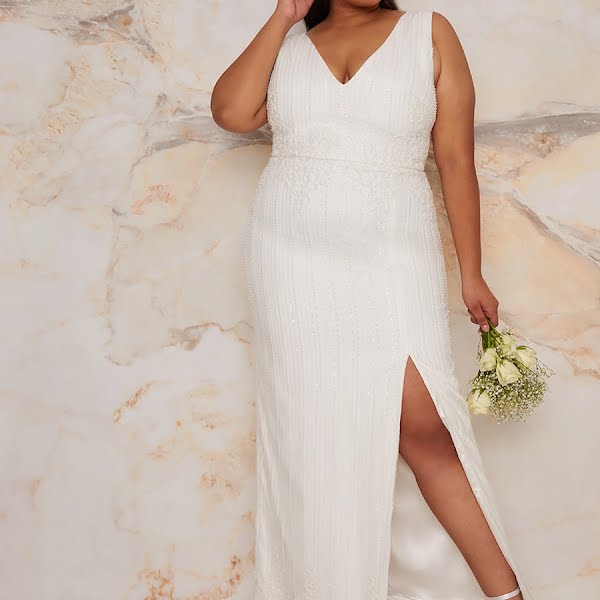 Plus Size Bridal Sleeveless Bodycon Dress with Sequins in White, €199, Chi Chi London