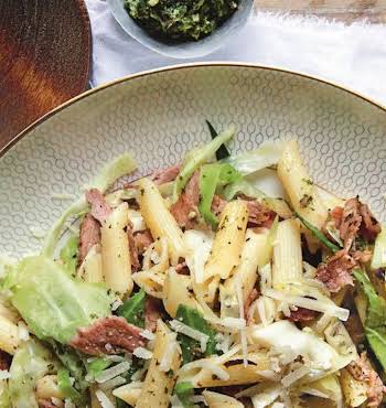 Penne Pasta with Ham, Cabbage, Wild Garlic Pesto and Pickled Walnut