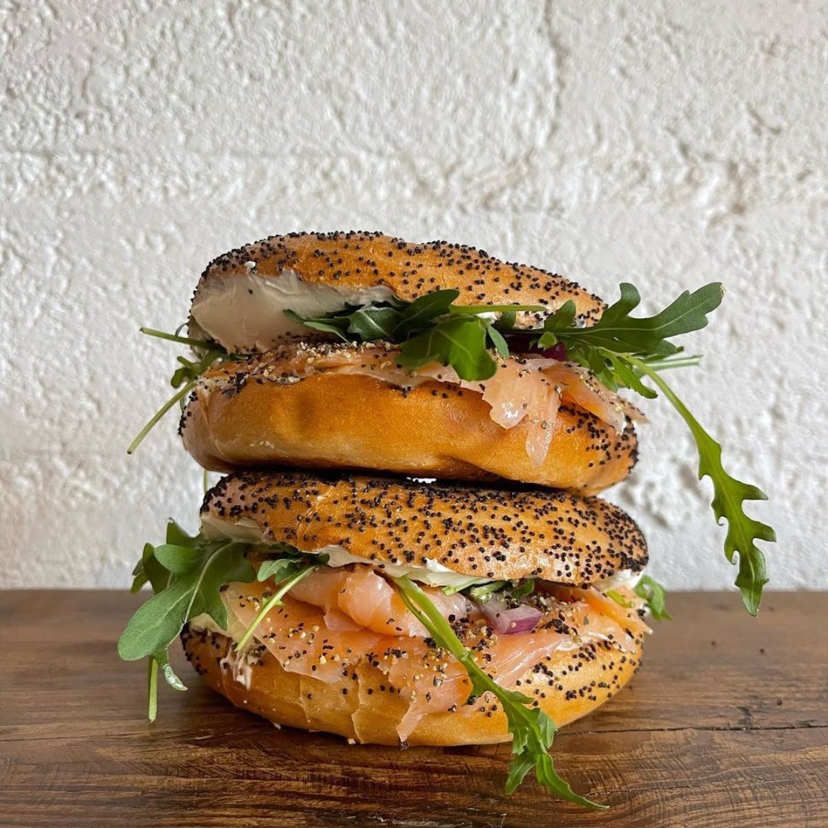 Smoked salmon, cream cheese, rocket, red onion and lemon bagels at Hey Darling, Naas, Kildare.