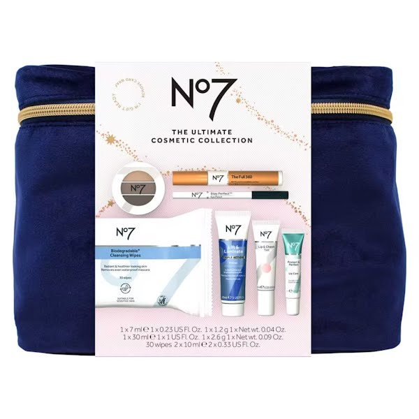 No7 The Ultimate Cosmetic Collection + Velvet Vanity Bag, €30