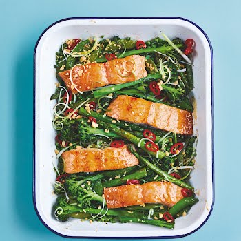 Fast and fab: One-tray sticky soy roasted salmon and veg
