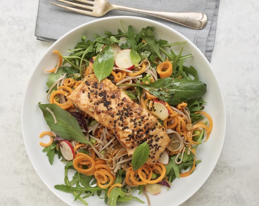 Sesame Salmon with spicy carrot & buckwheat noodle salad