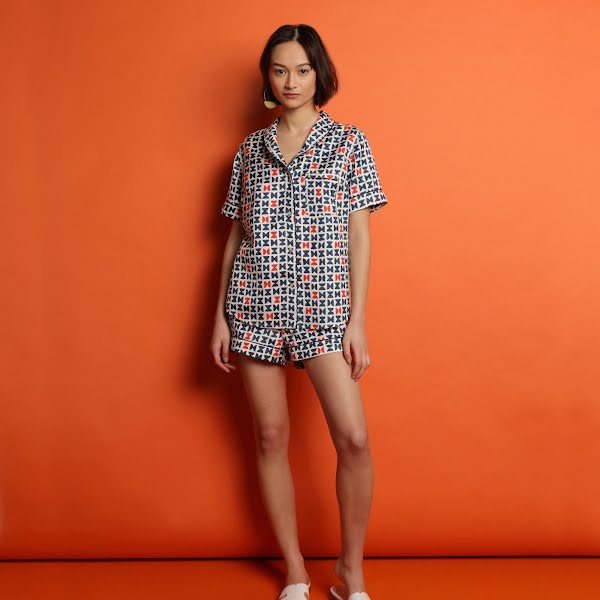Silk Varanasi navy shorties pyjamas, €180, The Ethical Silk Co
