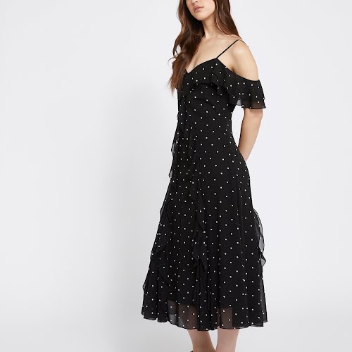 Isla Bardot Frill Midi Polka Dot Dress, €40