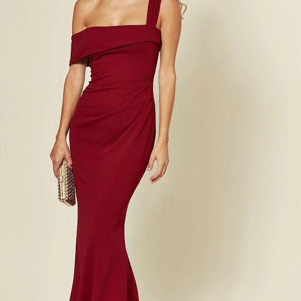 Off The Shoulder Pleated Waist Maxi Dress In Wine Red, €85, Silk Fred