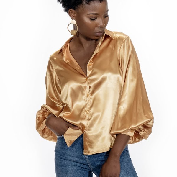 Monroe Gold Satin Blouse, €164, Wolf & Badger