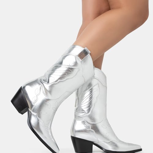 Howdy Silver PU Pointed Toe Western Cowboy Block Ankle Boots, €64.99, Public Desire