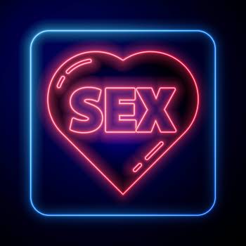 Glowing neon Heart with text Sex icon isolated on blue background. Adults content only icon. Vector Illustration