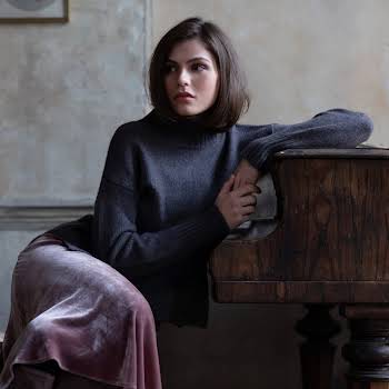 Georgia Sweater in Heather €520 with Asymmetrical Velvet Skirt in Rose €395