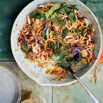 This crispy squid, lemon and chilli seafood pasta recipe is a guaranteed hit