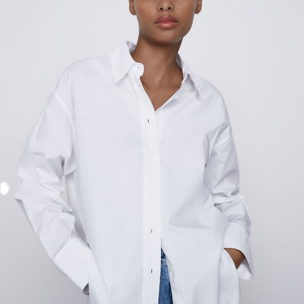 Poplin shirt with cuffed long sleeves, Zara (€19)
