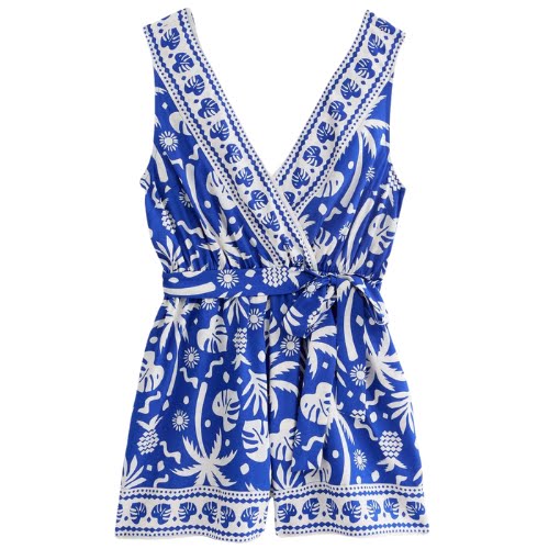 New Look Blue Leaf Print Sleeveless Belted Playsuit, €22.99
