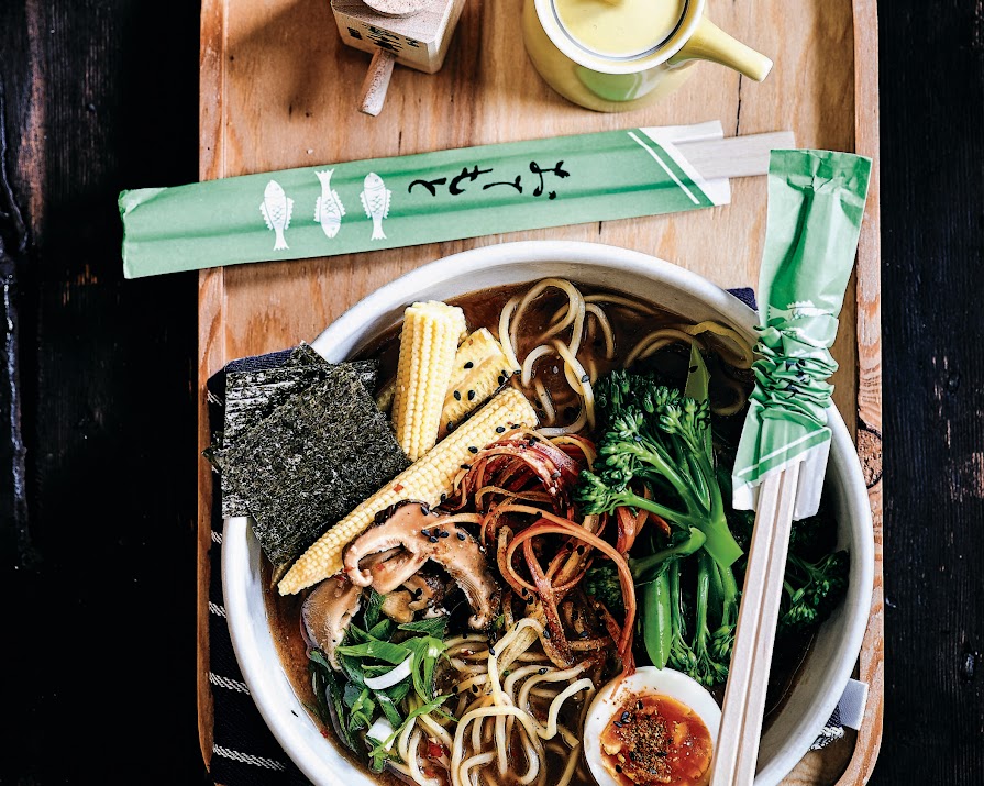 Midweek comfort: vegetarian ramen with baby corn and pickled shiitakes