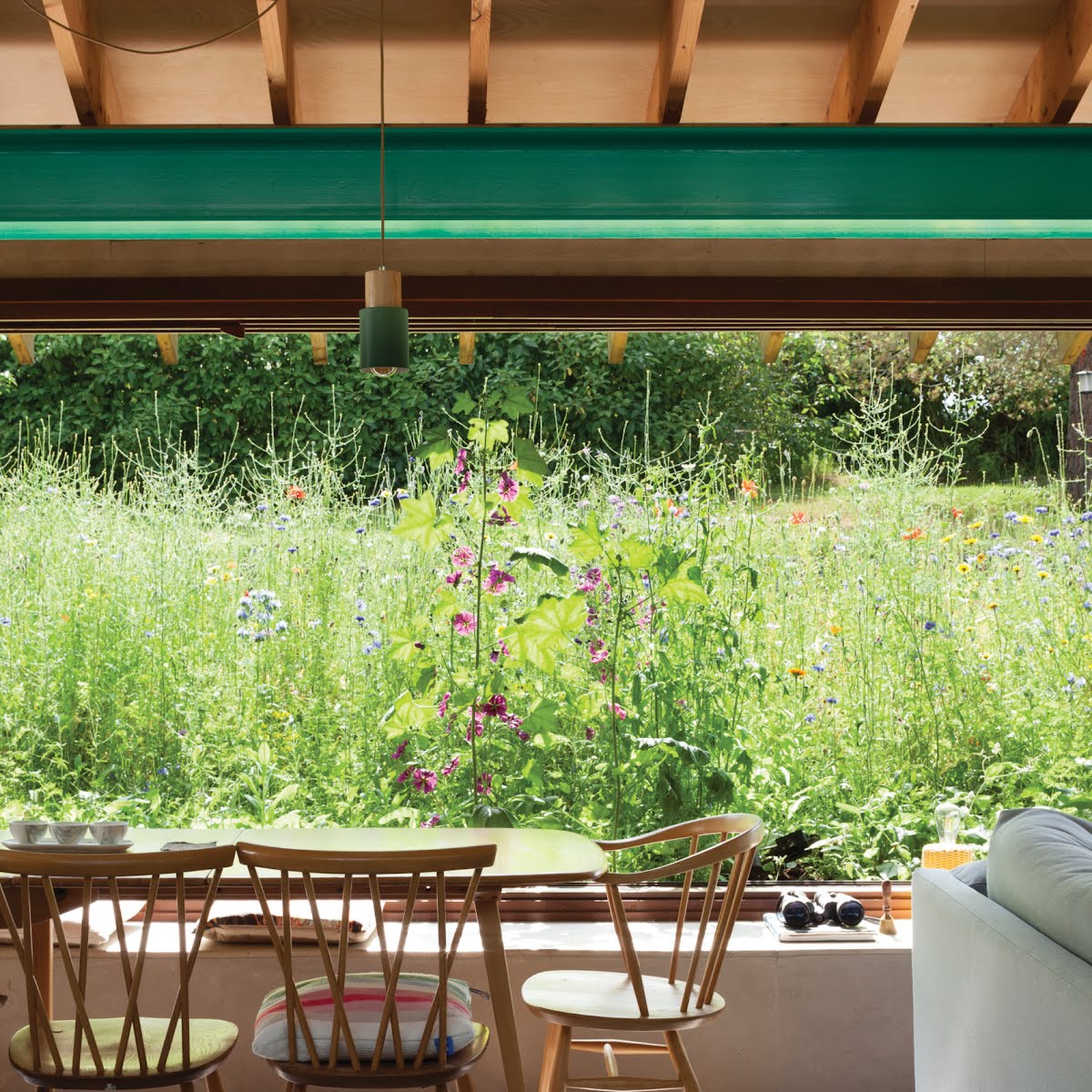 The main living space features an 8m-wide landscape window looking out to the wildflower meadow.