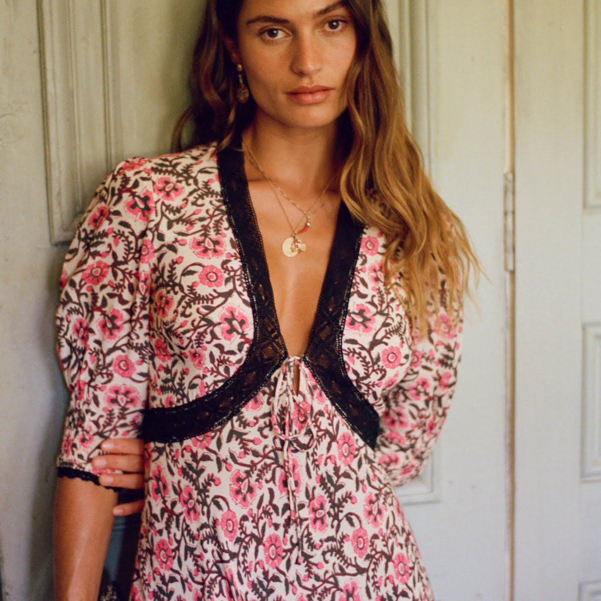 Rixo Amina Tie-Front Midi Dress in Sarasa Rose Blush, €335