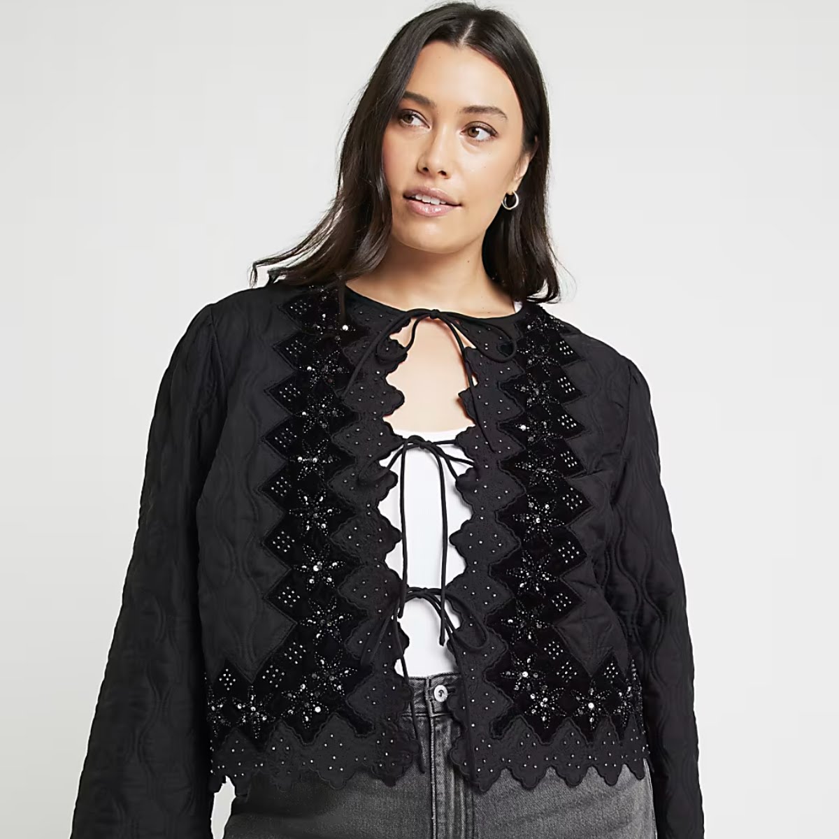 Sequin Tie Up Quilted Jacket, €87, River Island