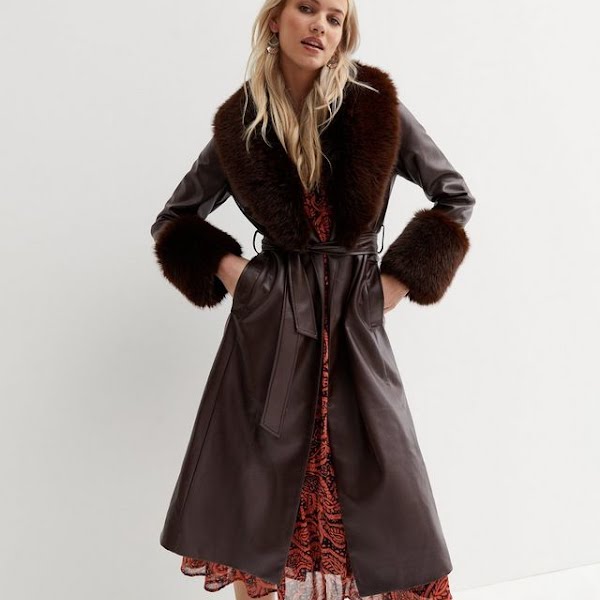 Dark Brown Leather-look Faux Fur Trim Belted Coat, €104.99, New Look