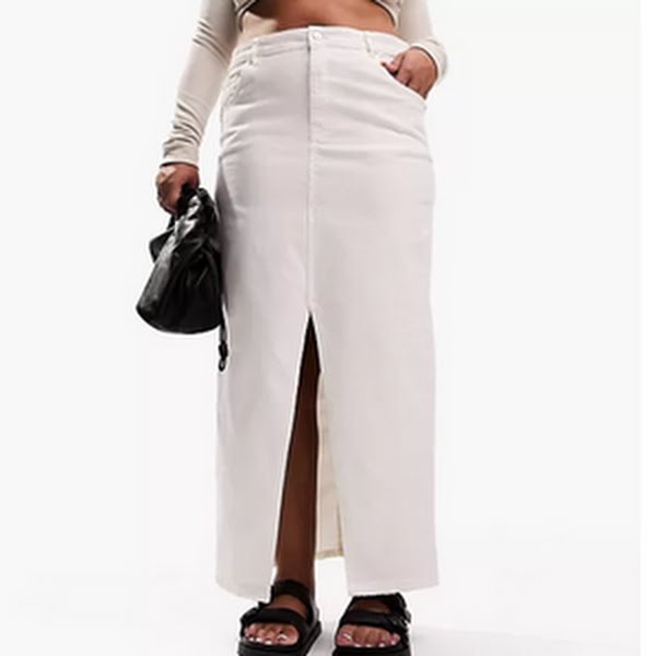 Denim Midi Skirt with Split Hem in Ecru, €43.99, ASOS