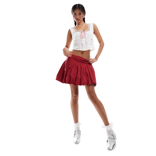 Motel Kiyowo Puffball Cotton Mini Skirt in Red, €53.99, ASOS