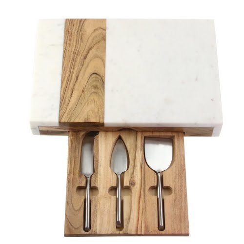 White Marble and Wood Chopping Board with Built-In Cheese Set Drawer, €115