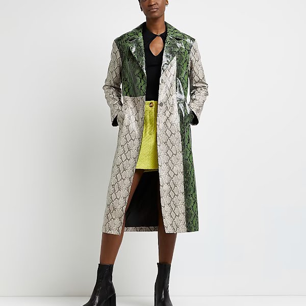 Green Snake Print Faux Leather Coat, €35, River Island
