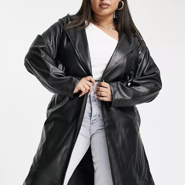 Threadbare Plus Acorn PU Belted Trench Coat With Hood, €69.99, Asos