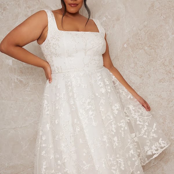 Plus Size Bridal Sleeveless Square Neck Lace Midi Dress in White, €252, Whistles