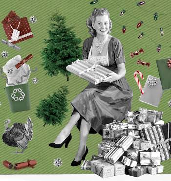 woman surrounded by Christmas decorations