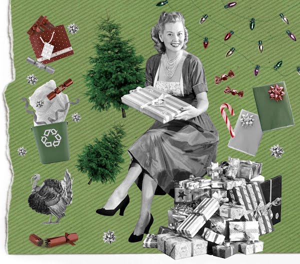 woman surrounded by Christmas decorations