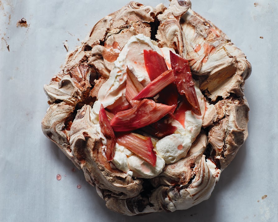 Chocolate-swirl pavlova with roasted rhubarb & cacao nib cream