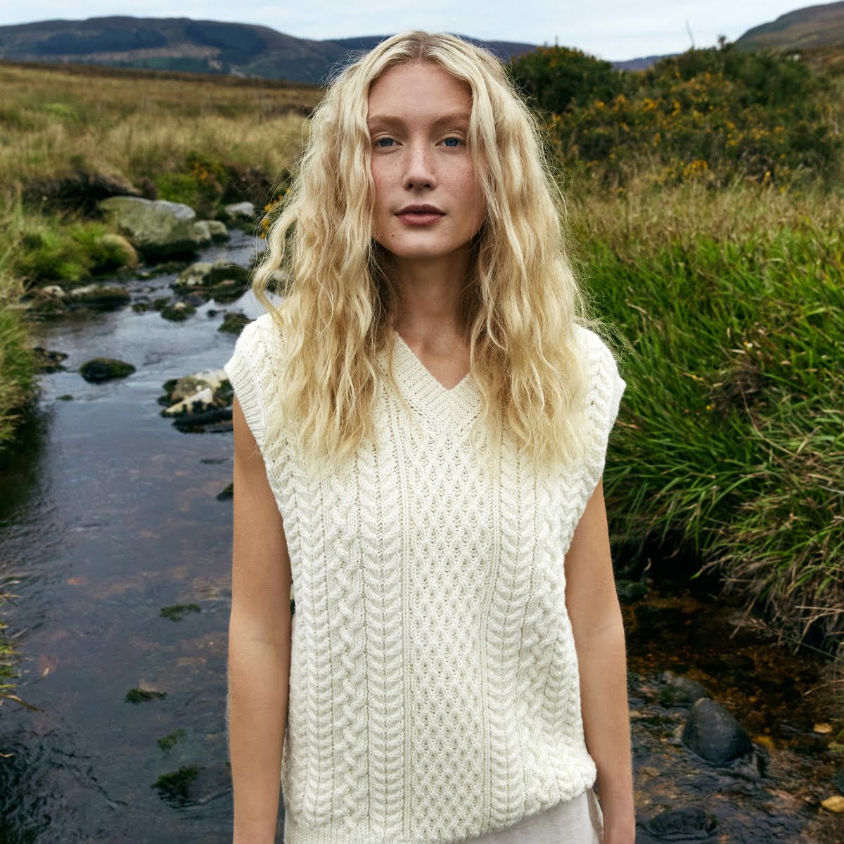 IrelandsEye Knitwear Birch Aran V Neck Vest, €79.95