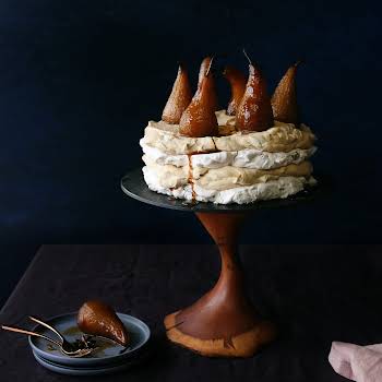 Coffee and walnut pavlova with coffee poached pears, Bake by Graham Herterich (Pic Joanne Murphy Photography)