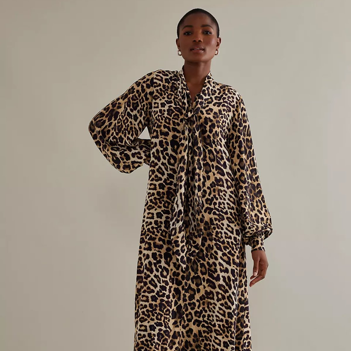Jamelia Long-Sleeve Pussybow Leopard Print Midi Dress, €95