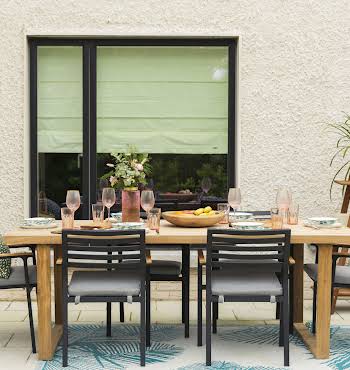 Canadell table, €919; Bona chairs, €194; Victora outdoor shelving unit, €148; all at Kave Home