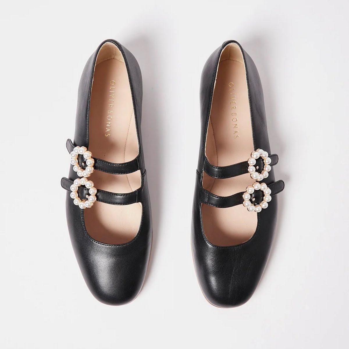 Mary Jane Pearl Buckle Black Leather Shoes, €84, Oliver Bonas