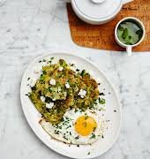 Healthy brunch inspo: Green fritters with goat’s cheese and egg