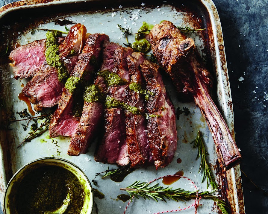 Dry aged barbecued rosemary rib-eye with chimichurri