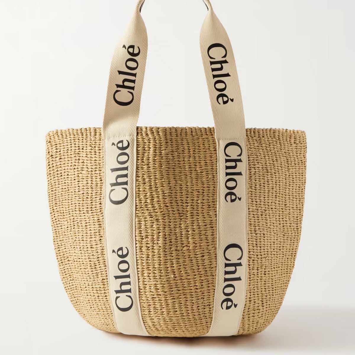 Chloé Woody Large Printed Leather-Trimmed Canvas and Raffia Tote, €575, Net-a-porter