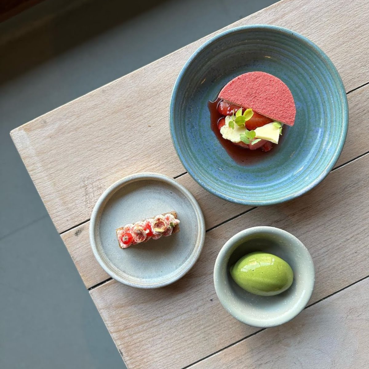 Wexford strawberries, hazelnut cake and a cucumber and lovage sorbet from Bastible, Dublin.