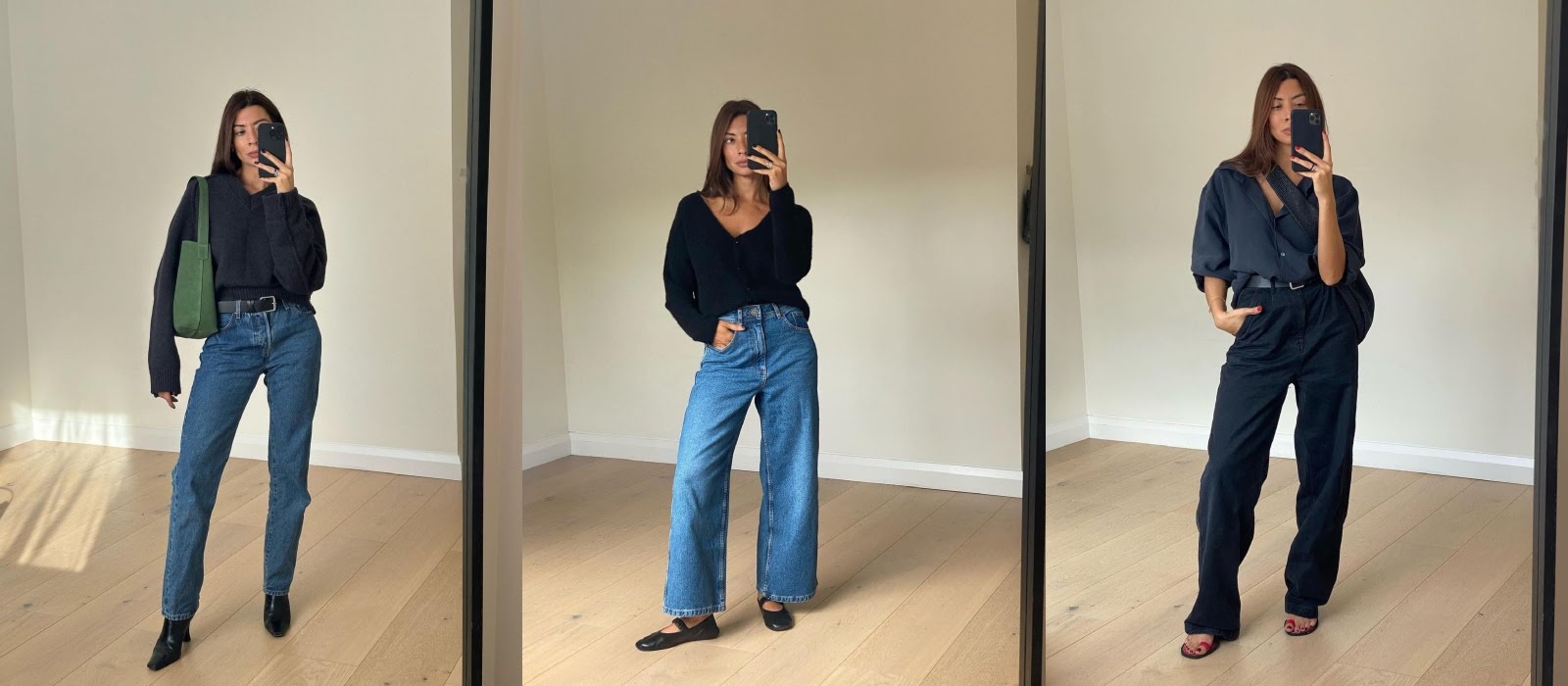 Get the look: bouclé sweater and wide-leg trousers  Wide leg jeans outfit,  Wide leg trousers outfit, Wide pants outfit