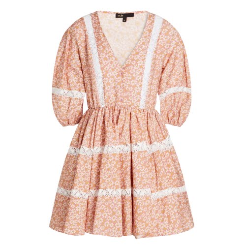 Maje Rayanik Lace-Trimmed Gathered Floral-Print Voile Mini Dress, €206