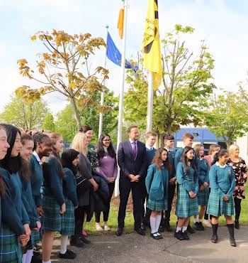 Former Taoiseach Leo Varadkar at the Yellow Flag raising ceremony at Castleknock Community College