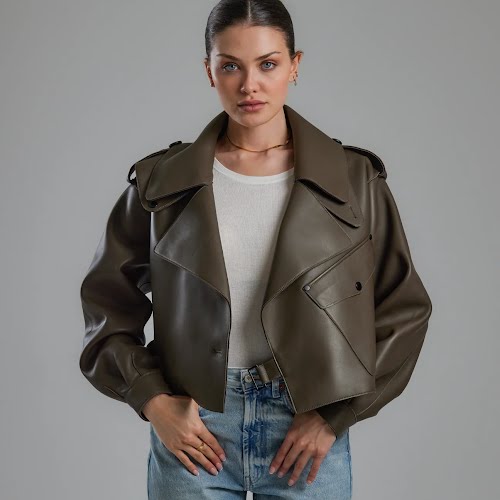 Jane + Tash, Olive Green Oversized Leather Jacket, €460.80