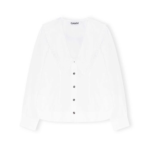 Cotton Poplin V-Neck Frill Collar Shirt, €165, Ganni