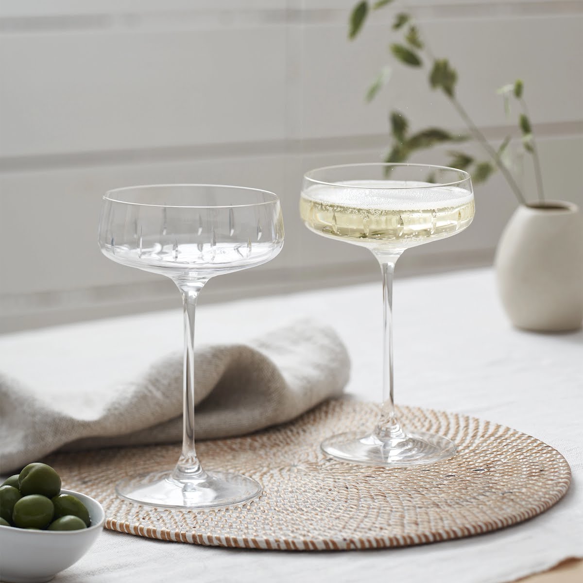 Monroe cut glass champagne coupes, €63, The White Company