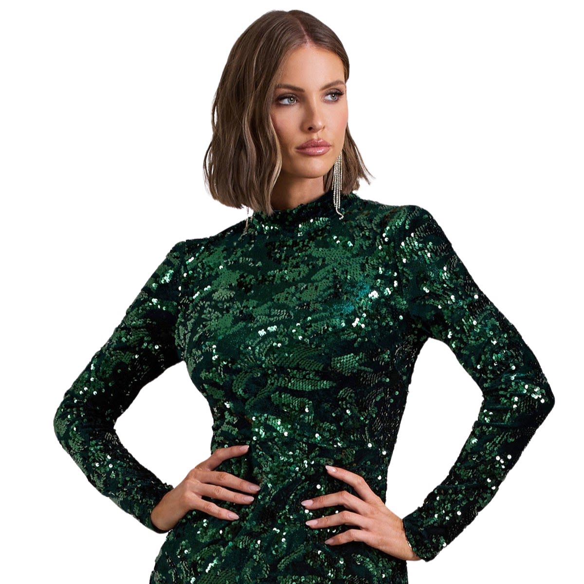 Bottle Green Sequin High-Neck Long-Sleeve Bodycon Mini Dress, €170