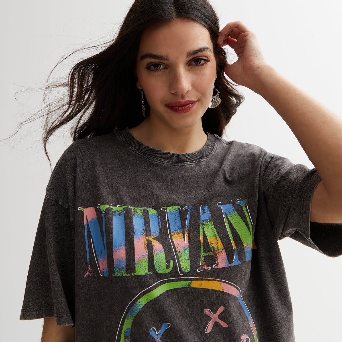 Dark Grey Acid Wash Nirvana Logo Oversized T-Shirt, €25.99